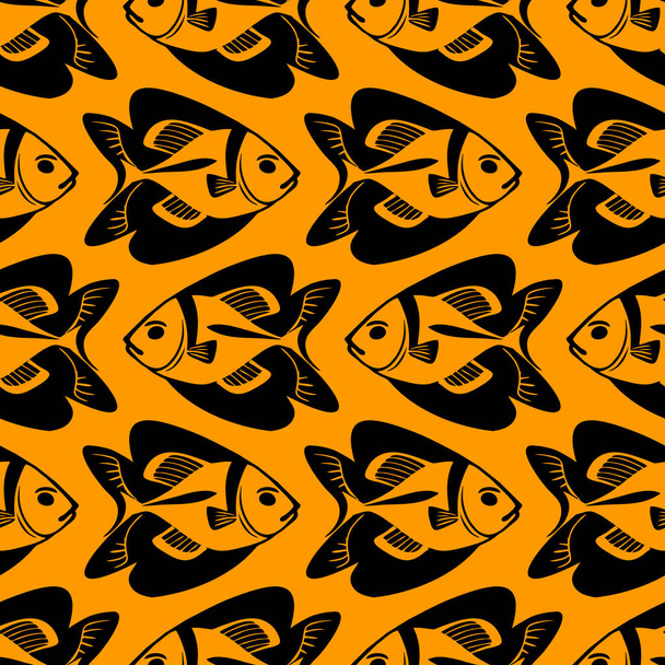 padrão sem costura simples de peixe gráfico preto em um fundo laranja, textura, design - Vetor, Imagem