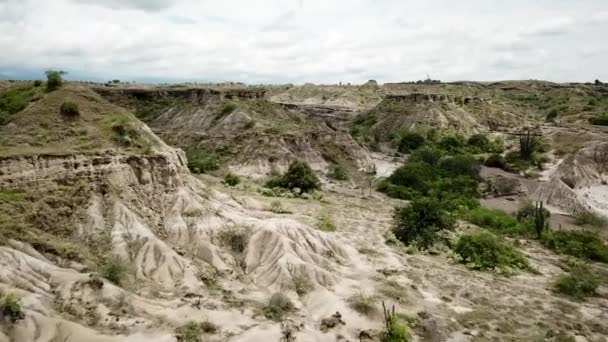 Imágenes aéreas del dron del desierto gris en el desierto de Tatacoa en Colombia, América del Sur. Un desierto gris. Cañón gris árido y verde. Volando sobre el desierto. Imágenes de alta calidad 4k. - Metraje, vídeo