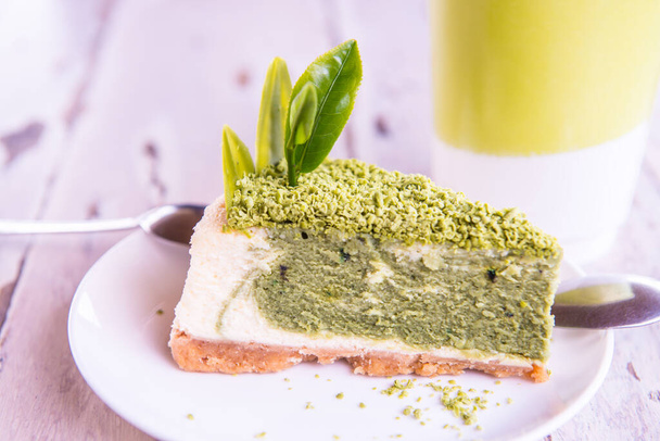 Green Tea Cheesecake on White Dish, Thailand. - Photo, Image