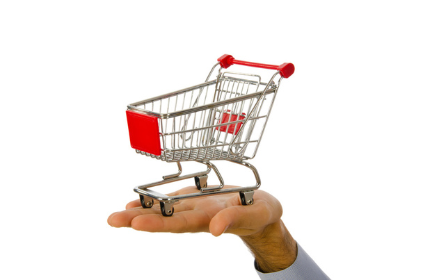 Hand holding shopping cart on white - Photo, Image
