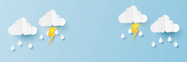 Σύννεφο και αστραπές με σταγόνες βροχής σε μπλε φόντο. Χάρτινη κοπή και απεικόνιση στυλ χειροτεχνίας. Βροχερή έννοια - Διάνυσμα, εικόνα