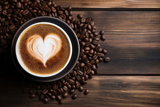 Kuppi kahvia latte sydämen muotoinen ja kahvipapuja vanha puinen tausta. Laadukas kuva - Valokuva, kuva