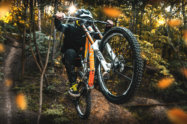 Brno, Bikepark NETRO, Çek Cumhuriyeti - 22 Kasım 2019: Sonbahar ormanında dağ bisikletçisi atladı. Yokuş aşağı bisikletle yüksek atlayan bir adam. Sıradışı dağ bisikleti sporu. - Fotoğraf, Görsel