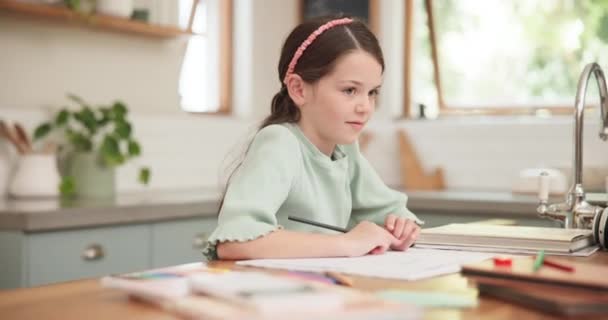 Girl, counting and hands for homework with notebook in kitchen with paper for development. Thinking, maths and female student with studying for knowledge or growth in family home for school activity - Footage, Video