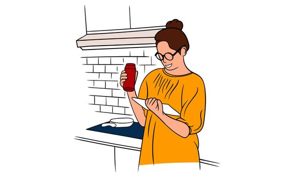 Freelancer working in kitchen space. Vector flat style illustration - Vector, Image