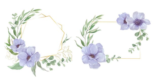 Watercolor set of floral frames with flowers, eucalypt, golden branches. Hand drawn illustration isolated on transparent background. Vector EPS. - Vector, Image
