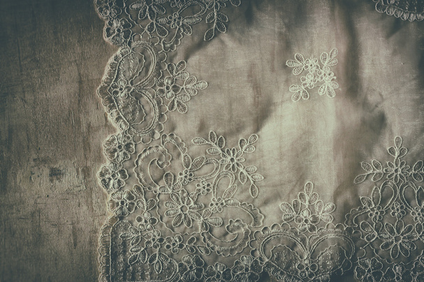 Top view of vintage hand made beautiful lace fabric. black and white syle photo - Photo, image
