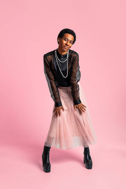 Fluid gender hispanic latin black man posing in studio with fashionable clothing, concepts about LGBTQ, genderless and diversity - Fotografie, Obrázek