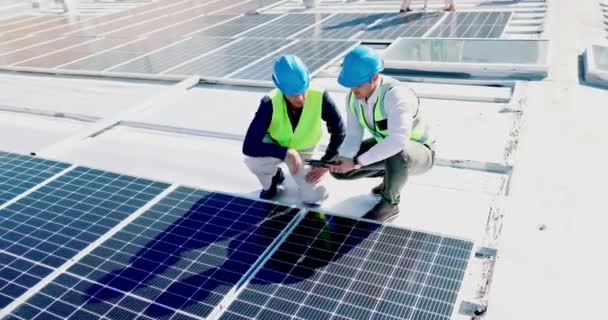 Solar energy, men and construction team with tablet for planning civil engineering in city. Industrial upgrade, collaboration and digital technology at power grid, photovoltaic system and innovation. - Footage, Video