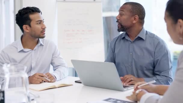 Business leader, meeting discussion and black man giving development proposal idea, brainstorming or planning. Cooperation, teamwork and strategy leader, diversity staff or team work on group project. - Footage, Video