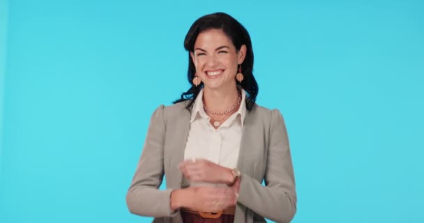 Lawyer, happy and portrait of a woman in a corporate career and confident isolated in a studio blue background. Worker, professional and young female employee with pride and excited for a law firm. - Footage, Video
