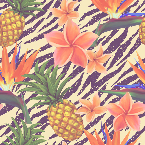 Tropical exotic flowers and pineapple seamless background in vector - Vector, Image