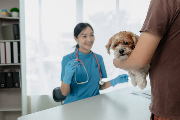 Egy kutyát beinjekciózott egy állatorvos egy állatkórházban, egy állatorvos arra készül, hogy beoltson egy kutyát a magánrendelőjében egy állatkórházban., - Fotó, kép