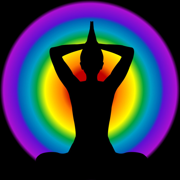 Human silhouette in yoga pose with aura and chakras colors on ba - Vector, Image