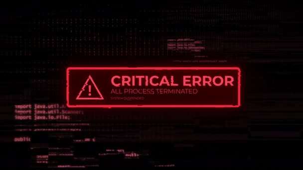 CGI βίντεο του κρίσιμου μηνύματος λάθους στην οθόνη του υπολογιστή με κωδικό στο παρασκήνιο, hacker επίθεση συναγερμού σχεδιασμό - Πλάνα, βίντεο
