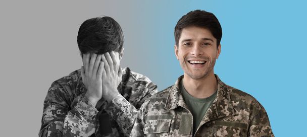 Koncepcja huśtawek nastroju. Młody wojskowy wyrażający szczęśliwe i smutne emocje, kreatywny kolaż z portretami tysiącletniego żołnierza czującego się wesoło i smutno, cierpiące problemy psychiczne, panorama - Zdjęcie, obraz