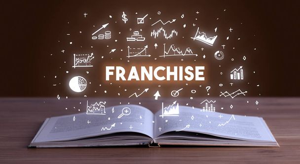 FRANCHISE inscription coming out from an open book, business concept - Photo, Image