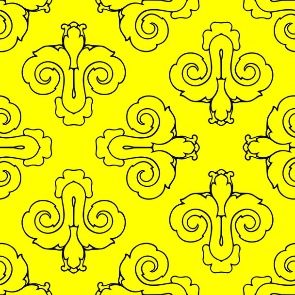 Vector naadloos patroon van zwarte abstracte geometrische vormen voor tegels geïsoleerd op een gele achtergrond - Vector, afbeelding