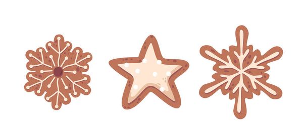 Christmas Gingerbread Cookies. Delicious Snowflakes and Star, Capturing The Holiday Spirit. Perfectly Baked And Ready To Sweeten The Season With Warm, Spiced Cheer. Cartoon Vector Illustration - Vector, Image
