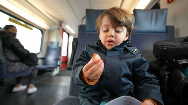 Viajero joven agarrando un contenedor de bayas, disfrutando de un nutritivo bocado de fruta, sentado en un tren en movimiento, merienda en el camino - Foto, Imagen