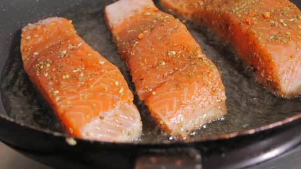 Filetto di pesce rosso fresco con spezie. La carne di filetto di salmone viene fritta in olio di girasole in una padella, vista da vicino, rallentatore. - Filmati, video