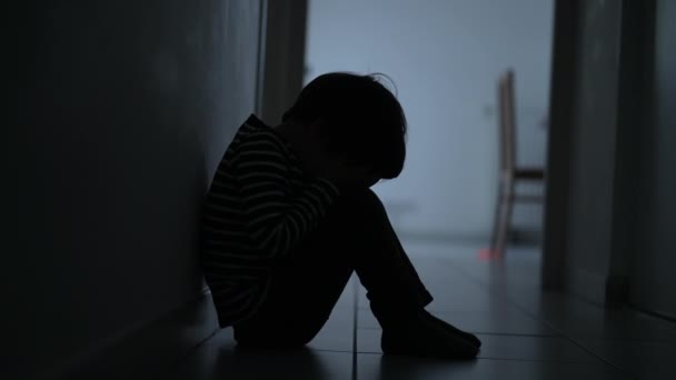 Small child covering face feeling despair. One small boy sitting in dark hallway corridor at home suffering alone in crisis - Imágenes, Vídeo
