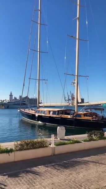 MALAGA, ESPANHA - NOVEMBRO 22, 2023: Desfrutando de caminhada no porto entre iates e navios de cruzeiro no dia ensolarado da manhã no porto de Málaga, Espanha, em 22 de novembro de 2023 - Filmagem, Vídeo