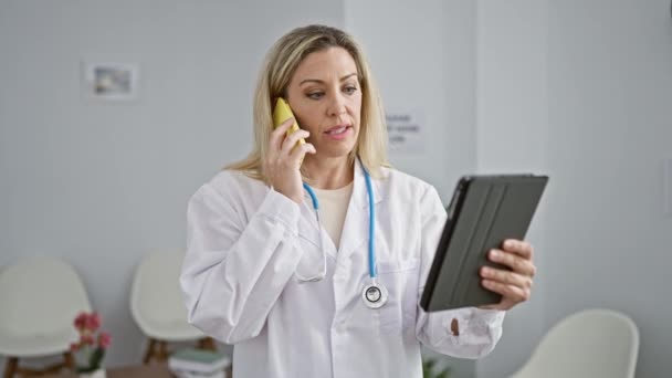 Mladá blondýna žena lékař pomocí touchpad mluvit na smartphone na klinice čekárna - Záběry, video