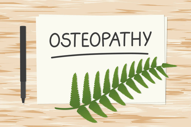 остеопатия, написанная на белой бумаге, плоская композиция на деревянном столе - векторная иллюстрация - Вектор,изображение