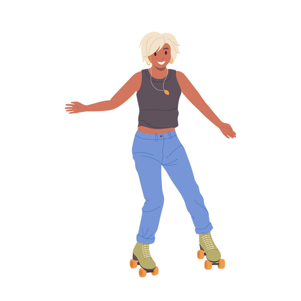Giovane donna gioiosa sorridente pattinatore a rotelle personaggio dei cartoni animati che indossa abiti estivi casual godendo di sport estremi all'aperto durante il tempo di vacanza, illustrazione vettoriale isolata su sfondo bianco - Vettoriali, immagini