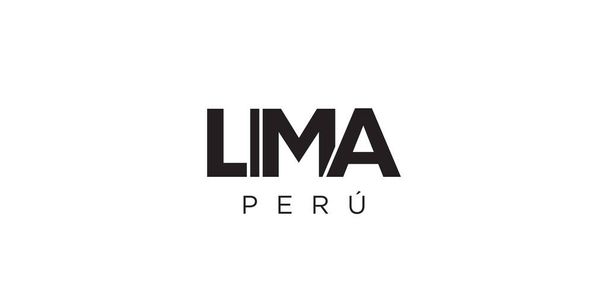 Lima dans l'emblème du Pérou pour l'impression et le web. Design dispose d'un style géométrique, illustration vectorielle avec typographie en gras dans la police moderne. Lettrage slogan graphique isolé sur fond blanc. - Vecteur, image