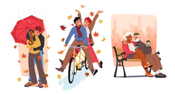 En el abrazo crujiente del otoño, las parejas pasean con paraguas, mano a mano, montan en bicicleta y se relajan en un banco del parque. Deja crujiente debajo de sus pies mientras el amor florece en medio de la naturaleza Transformación ardiente - Vector, Imagen