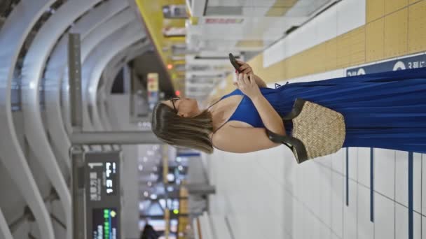 Vidám, szemüveges spanyol nő elmerül egy mosolygó telefonos utazásban, elnyeli a város rezgéseit, miközben a ginza metróállomás peronján áll, és az utazóvasútra vár.. - Felvétel, videó