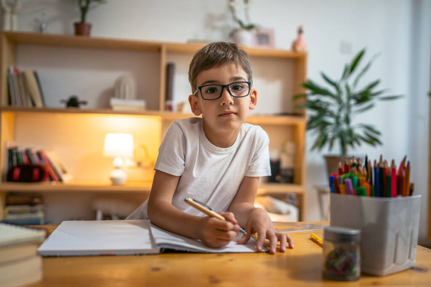 jeune garçon enfant élève étude travail sur devoir à la maison - Photo, image