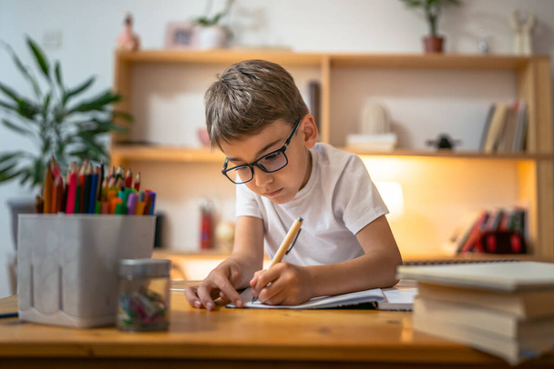 menino menino criança aluno trabalho de estudo sobre a tarefa de casa em casa - Foto, Imagem