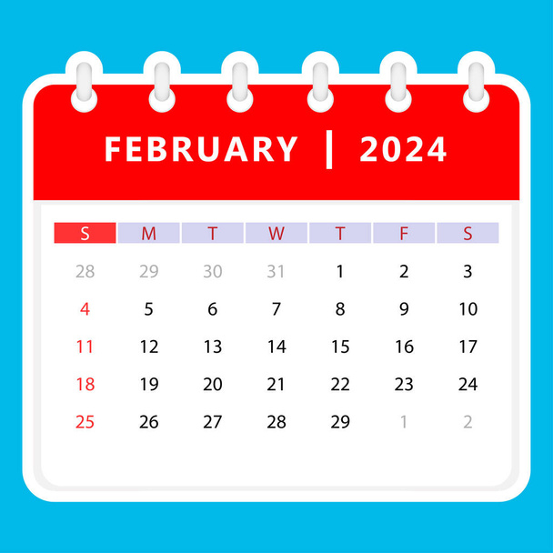 2024. februári naptár. Vasárnap kezdünk. A vektor kialakítása - Vektor, kép