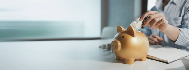 Accountant is putting money into a piggy bank, Financier is bringing savings methods to clients who come to receive advice, Employees are taking customers' savings and keeping them safe. - Photo, Image