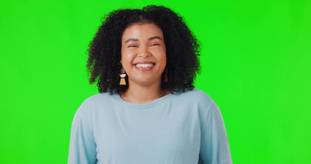 Laughter, portrait and girl with joke in green screen is happy in studio background for humour. Funny, woman and happiness or funny and cheerful with joy for comedy, excited, freedom and fun - Footage, Video