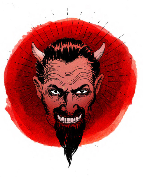 Червоний диявол обличчя. Мальоване вручну чорнило та ескіз акварелі - Фото, зображення