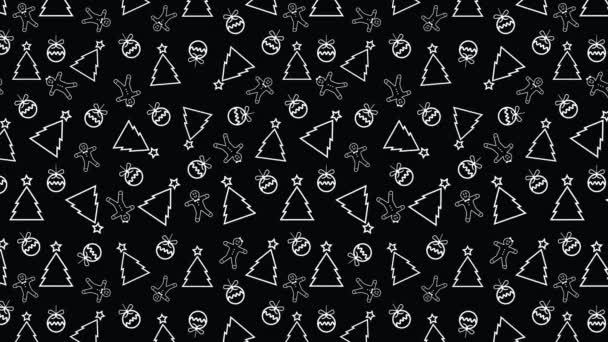 Motif animé noir et blanc 4k pour Noël ou Nouvel An. Arbres de Noël, boules de Noël et biscuits contour texture sur fond noir. - Séquence, vidéo