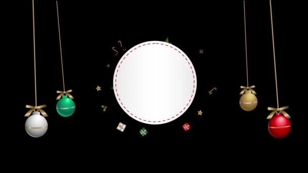 4K Animated Happy New Year Decorative Card Template Decoraciones realistas de Navidad, Corona de Navidad decorada con bastones de caramelo, bayas de acebo, bolas, regalos y estrellas. - Imágenes, Vídeo