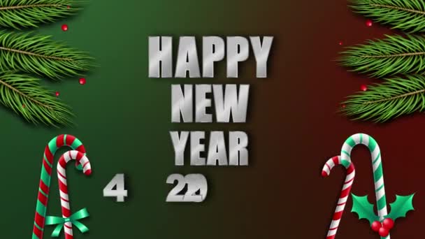4K Animated 2024 Boldog új évet dekoratív design. Karácsonyi reális dekorációk, karácsonyi koszorú cukornáddal, magyal bogyókkal, golyókkal és ágakkal díszítve. Újévi mozgáskártya tervezés - Felvétel, videó