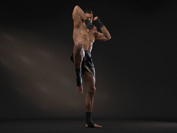 3D Render : The portrait of male boxer, perform muay thai martial arts - Photo, Image