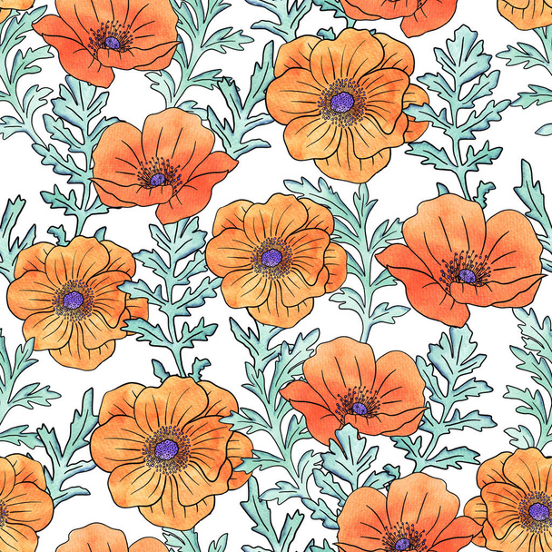 Poppy λουλούδια και φύλλα ακουαρέλα μοτίβο άνευ ραφής - Φωτογραφία, εικόνα
