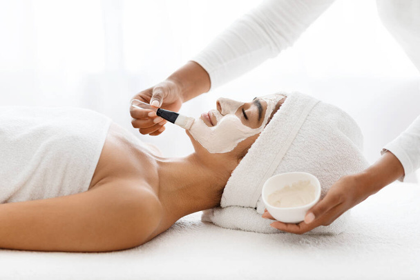 En una instalación de spa, una mujer india impactante recibe una sesión de cuidado de la piel, con un experto esteticista administrando una máscara de barro desintoxicante en sus elegantes rasgos faciales - Foto, Imagen
