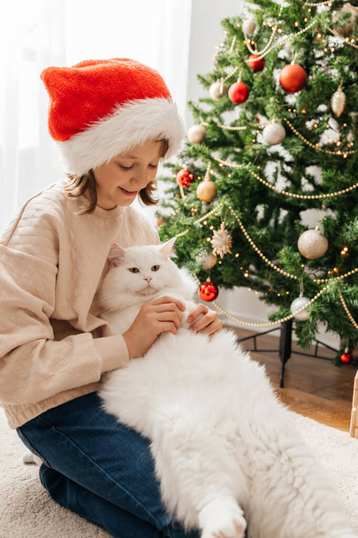 Portret van een gelukkig tienermeisje en haar grijze maine coon kat naast een versierde kerstboom. Vriendschap met huisdieren. - Foto, afbeelding
