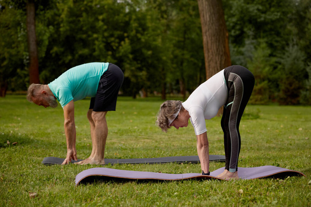 ハッピーシニアカップルは,屋外で運動をストレッチしています. 健康のためのトレーニングワークアウトを退職 - 写真・画像