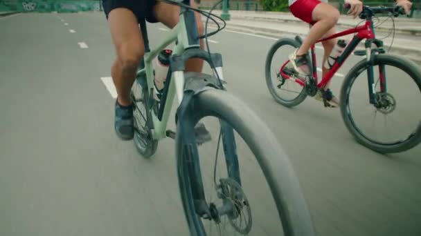 Tilt up shot of father and son in sports clothing and helmets riding bikes on highway while outing together on summer day - Footage, Video