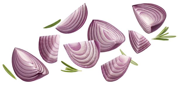 Sliced red onion isolated on white background with clipping path, full depth of field - Photo, Image