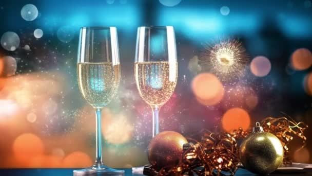 Animação da celebração de Ano Novo com champanhe espumante e fogos de artifício - Filmagem, Vídeo